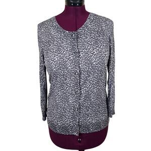 Women's Talbots Gray Cheetah Print 3/4 Sleeve Knit Cardigan | Size Large